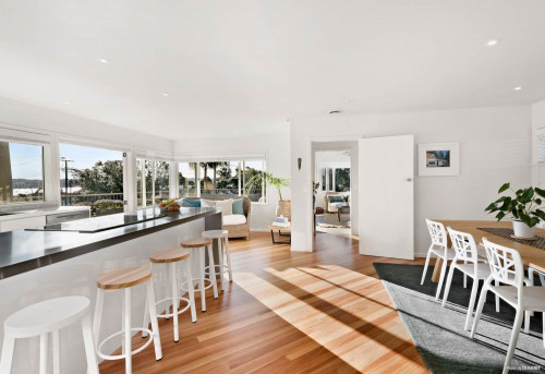 kitchen, white kitchen, open plan living, dining room, white dining room, sunny kitchen