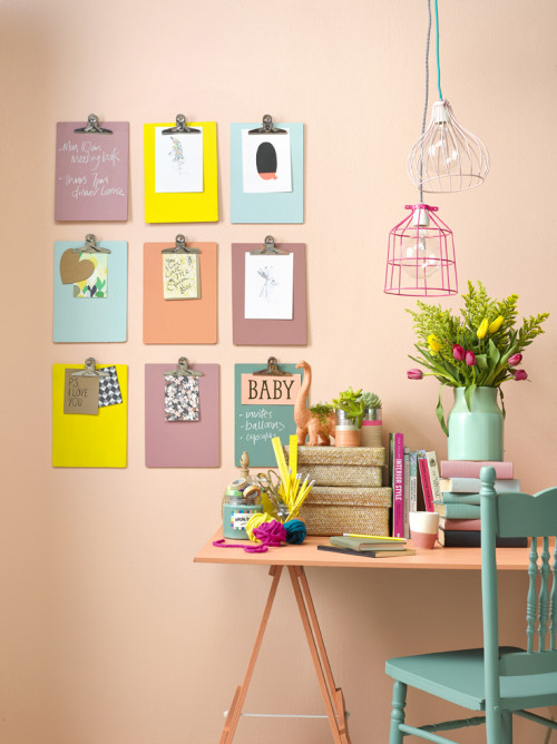 pink paint, interior, pastels, study inspiration, desk, painted clipboards
