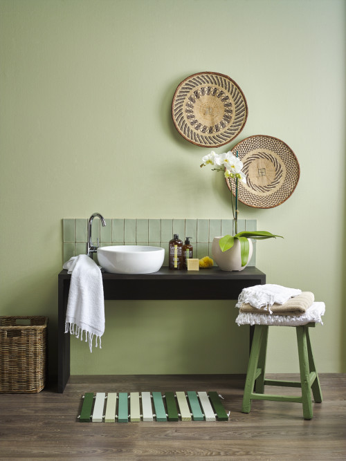 green bathroom, black vanity, green tiles, green paint, bathroom decorating