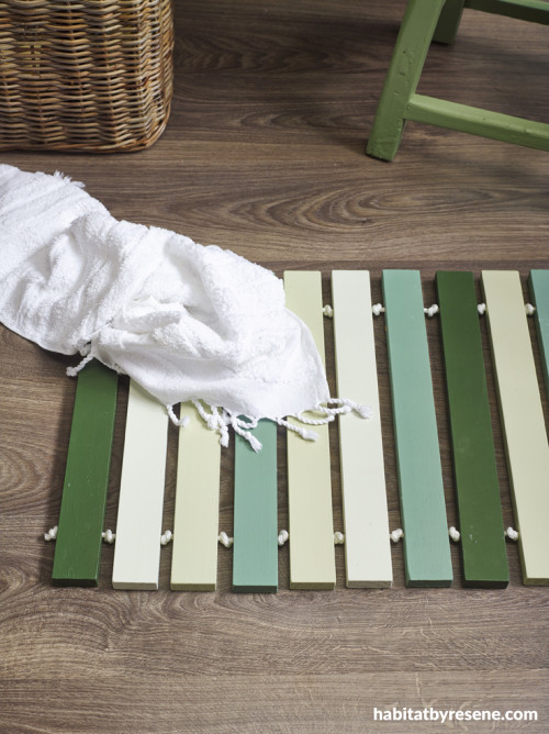 duckboard mat, bathroom mat, front door mat, painted timber slats, green bathroom 