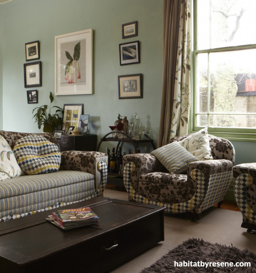 living room, lounge, Victorian inspired, green lounge, green living room, floral upholstery 