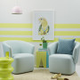 yellow striped wall, striped feature wall, lounge, living room, 80s inspired interior, 80s revival