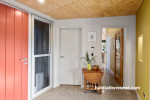 entranceway, red front door, yellow entranceway, plywood ceiling, colourful entranceway 