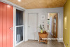 entranceway, red front door, yellow entranceway, plywood ceiling, colourful entranceway 