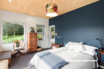 blue feature wall, blue bedroom, bedroom, plywood ceiling, blue and white bedroom 