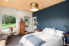 blue feature wall, blue bedroom, bedroom, plywood ceiling, blue and white bedroom 