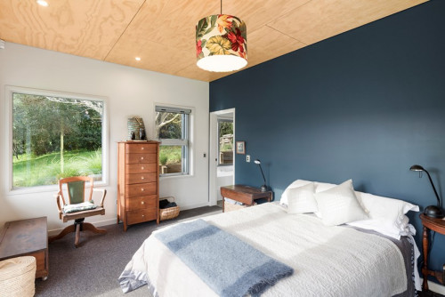 blue feature wall, blue bedroom, bedroom, plywood ceiling, blue and white bedroom