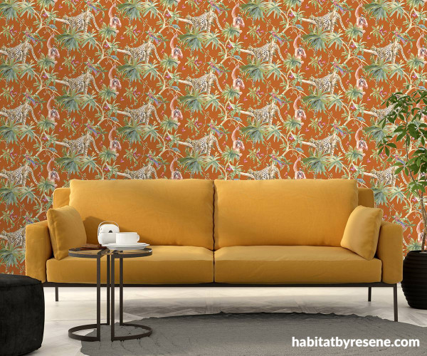 Living room inspiration, side tables, plant wallpaper, wallpaper inspiration, Resene 