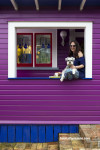 purple house, purple exterior, painted weatherboards, bright house, back porch