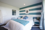 feature wall, stripes, bedroom, blue and white, paint, interior 