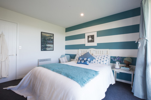 feature wall, stripes, bedroom, blue and white, paint, interior