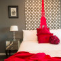 bedroom, interior, grey paint, red decor