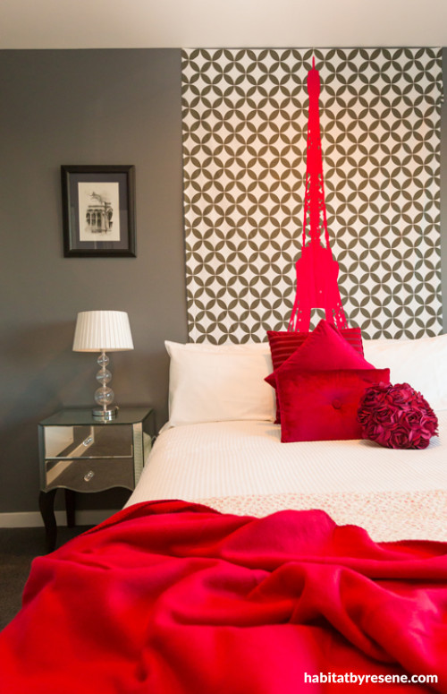 bedroom, interior, grey paint, red decor