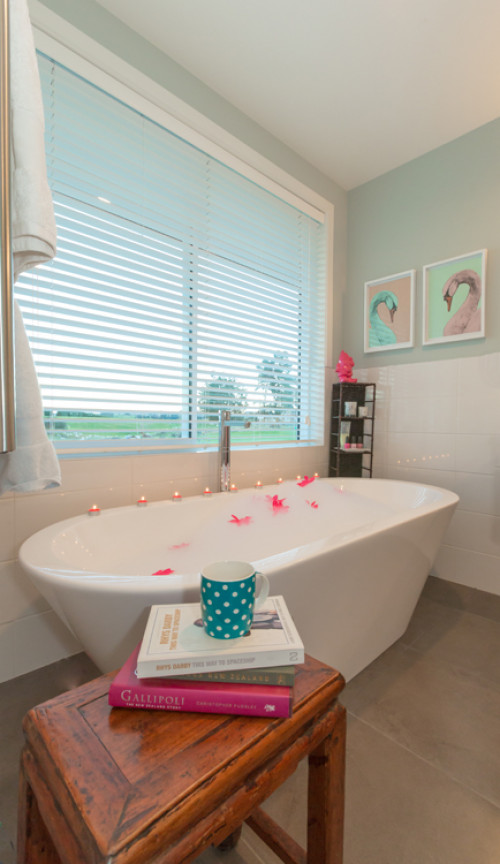 ensuite, bathroom, blue paint, interior, freestanding bath, white tiles