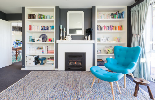 media room, living room, bookcase, reading room, grey paint, interior, white paint