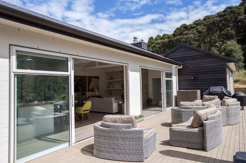 painted brick, timber cladding, stained timber