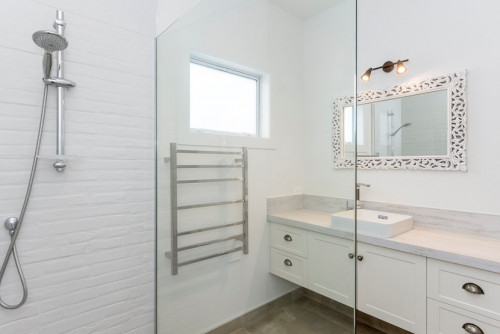 bathroom, white bathroom, brick bathroom tile, resene white pointer, cottage, white interior