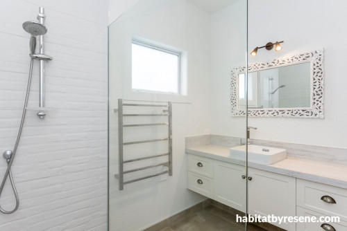 bathroom, white bathroom, brick bathroom tile, resene white pointer, cottage, white interior 
