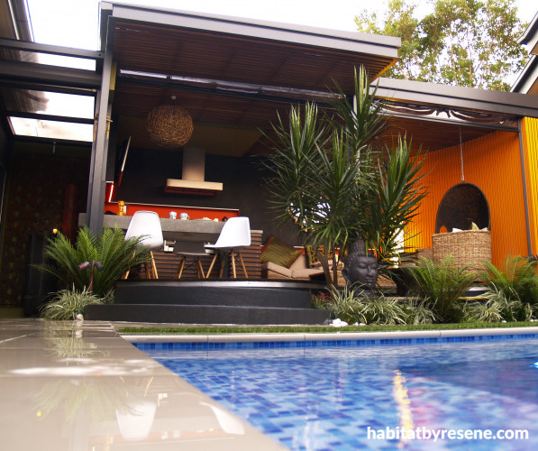 swimming pool, pavilion, exterior, orange paint, black paint, charcoal paint, contemporary garden
