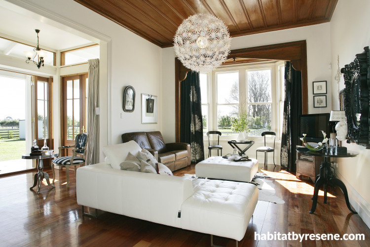 white living room, white lounge, country house, neutrals, ceiling, floorboards 