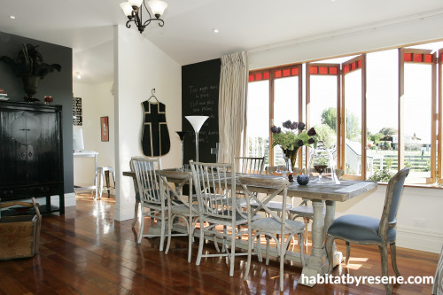 living area, dining room, oak chairs, dining table, blackboard paint, black and white, country house