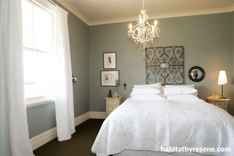 master bedroom, blue master bedroom, blue and white paint, interior design, headboard