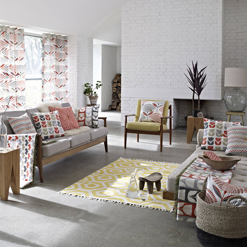 living room, lounge, retro lounge, white living room, painted brick wall, concrete floors