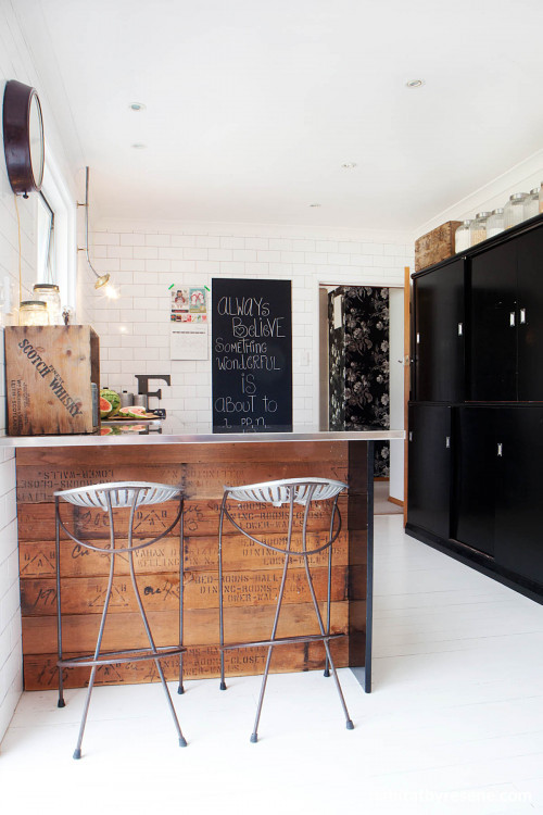 kitchen, white tiled kitchen, black kitchen cupboards, recycled timber, interior design