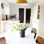 dining room, kitchen, upcycled cabinets, white kitchen tiles, cream paint 