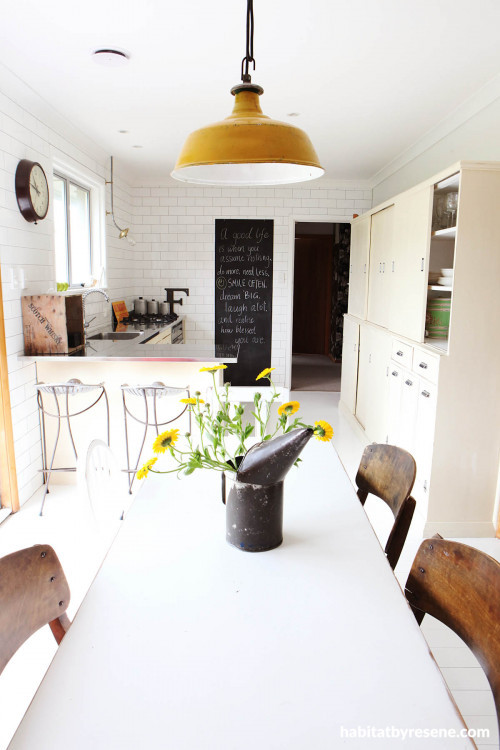 dining room, kitchen, upcycled cabinets, white kitchen tiles, cream paint 