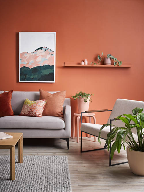 living room inspiration, living room ideas, terracotta interior ideas, living room decor, resene