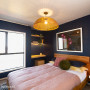 bedroom, guest bedroom, dark blue bedroom, navy bedroom, blue feature wall, the block nz 