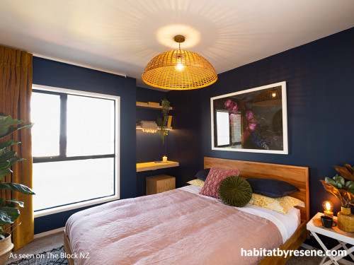 bedroom, guest bedroom, dark blue bedroom, navy bedroom, blue feature wall, the block nz 