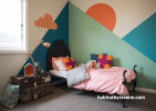 kids bedroom, children's bedroom, geometric painted wall, feature wall, blue and green paint 