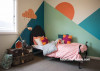 kids bedroom, children's bedroom, geometric painted wall, feature wall, blue and green paint 