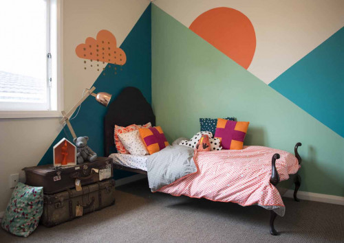 kids bedroom, children's bedroom, geometric painted wall, feature wall, blue and green paint