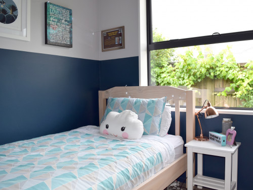 bedroom, kids bedroom, childrens bedroom, blue bedroom, blue feature wall, deep blue