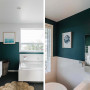 bathroom, green bathroom, blue bathroom, bathroom feature wall, blue and white interior