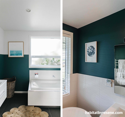bathroom, green bathroom, blue bathroom, bathroom feature wall, blue and white interior
