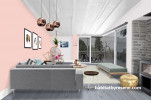 living room, lounge, pink feature wall, pink and grey, interior design 