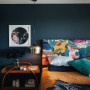 master bedroom, dark bedroom, dark interior, blue bedroom, blue interior, dark blue feature wall