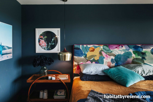 master bedroom, dark bedroom, dark interior, blue bedroom, blue interior, dark blue feature wall