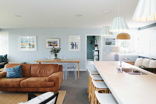 blue living room, grey lounge, grey living room, tounge and groove feature wall, open plan