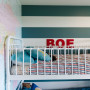 kids bedroom, childrens bedroom, striped feature wall, blue feature wall, painted wall stripes