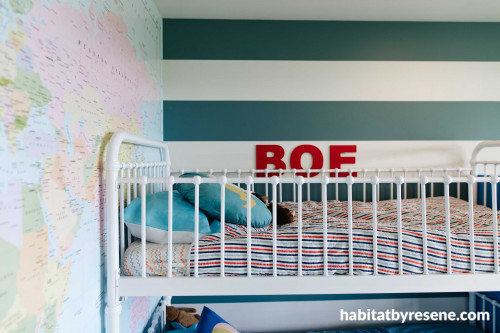 kids bedroom, childrens bedroom, striped feature wall, blue feature wall, painted wall stripes