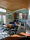 dining room, blue, green, colour blocking, timber ceiling, paint ideas, paint trends