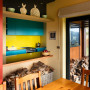 kitchen, living room, red, blue, yellow, brown