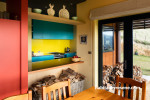 kitchen, living room, red, blue, yellow, brown