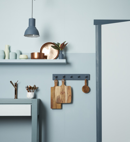 kitchen, blue kitchen, blue interior, blue feature wall, light blue kitchen, blue tones