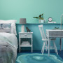 bedroom, aqua bedroom, aqua interior, aqua feature wall, blue painted floor, aqua tones